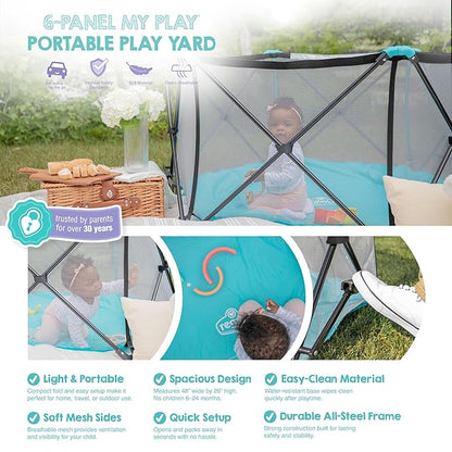 Regalo Safety My Play Portable Baby Playpen & Play Yard, Foldable 6-Panel Indoor Outdoor Playpen for Babies & Toddlers, Mesh Sides, Washable Fabric, 48”, Aqua/Black