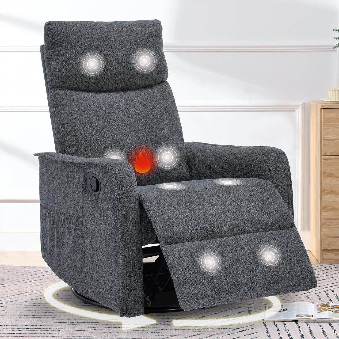 cinkehome Swivel Rocker Recliner, Glider Rocker Recliner Chair for Nursery, Manual Reclining Chair with Heated Massage, Small Spaces, Living Room, Khaki Chenille