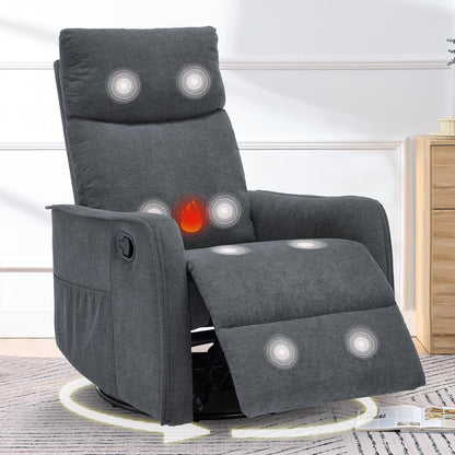 cinkehome Swivel Rocker Recliner, Glider Rocker Recliner Chair for Nursery, Manual Reclining Chair with Heated Massage, Small Spaces, Living Room, Khaki Chenille