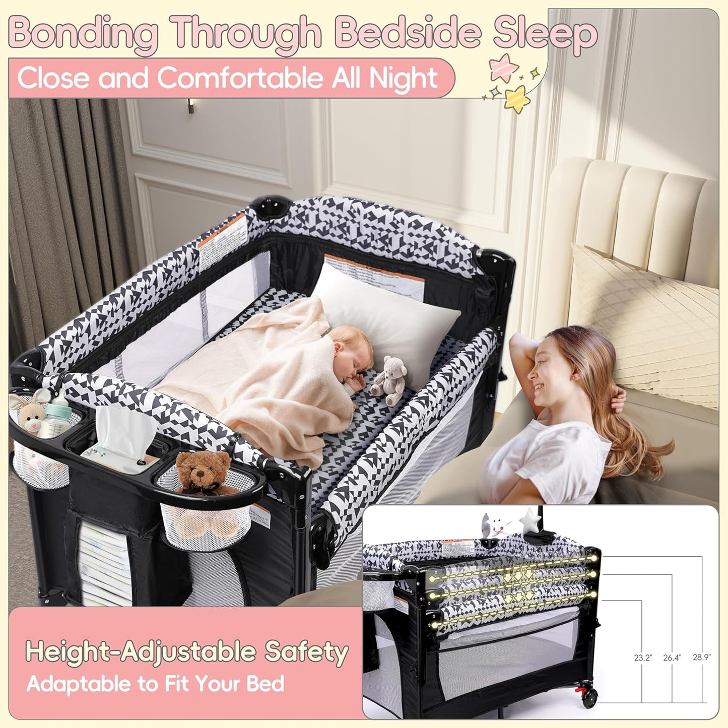 Xilingol 5-in-1 Baby Bassinet Bedside Sleeper, Pack and Play with Changing Table, Portable Crib with Carry Bag, Cosleeper Attach to Bed for Newborn to Toddlers