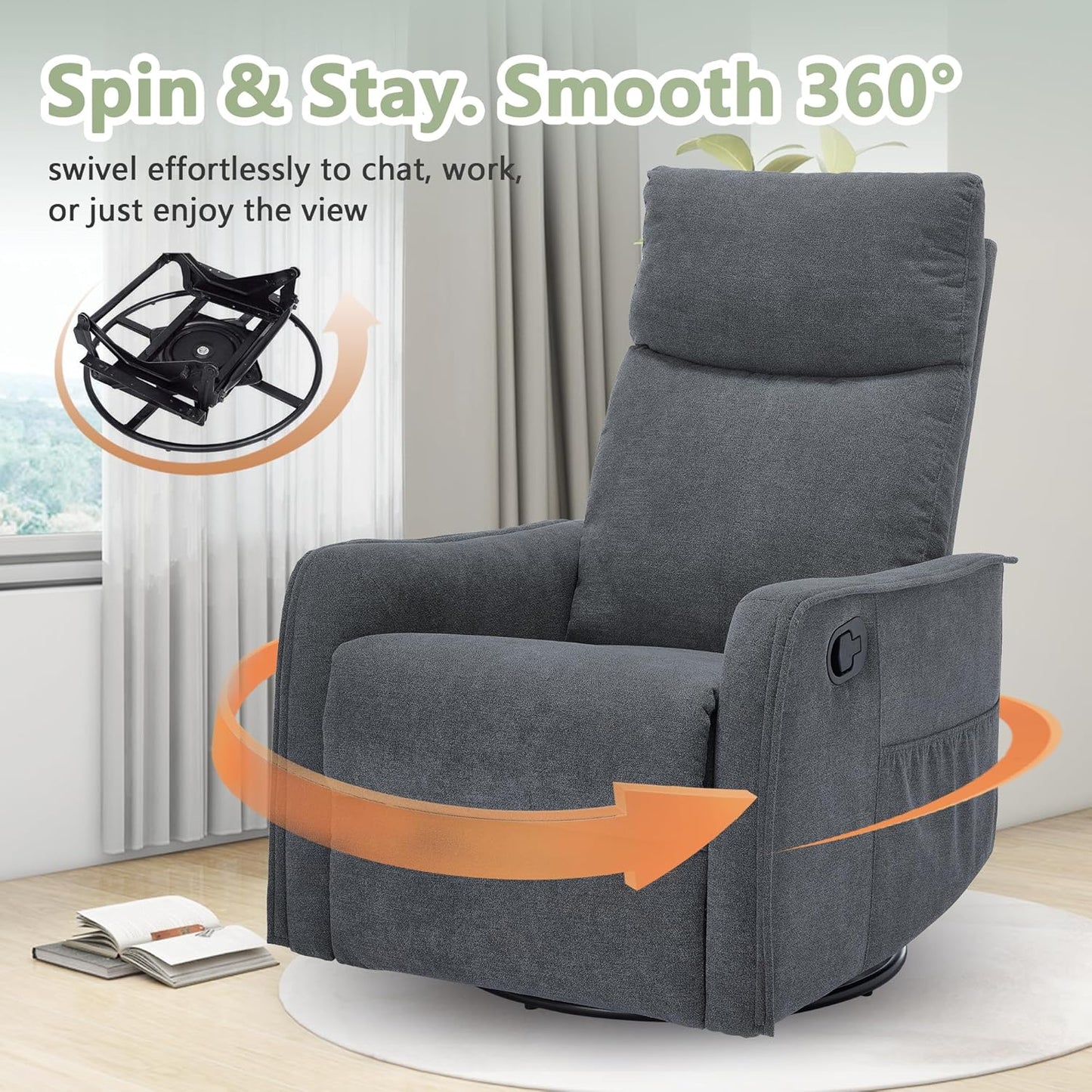 cinkehome Swivel Rocker Recliner, Glider Rocker Recliner Chair for Nursery, Manual Reclining Chair with Heated Massage, Small Spaces, Living Room, Khaki Chenille