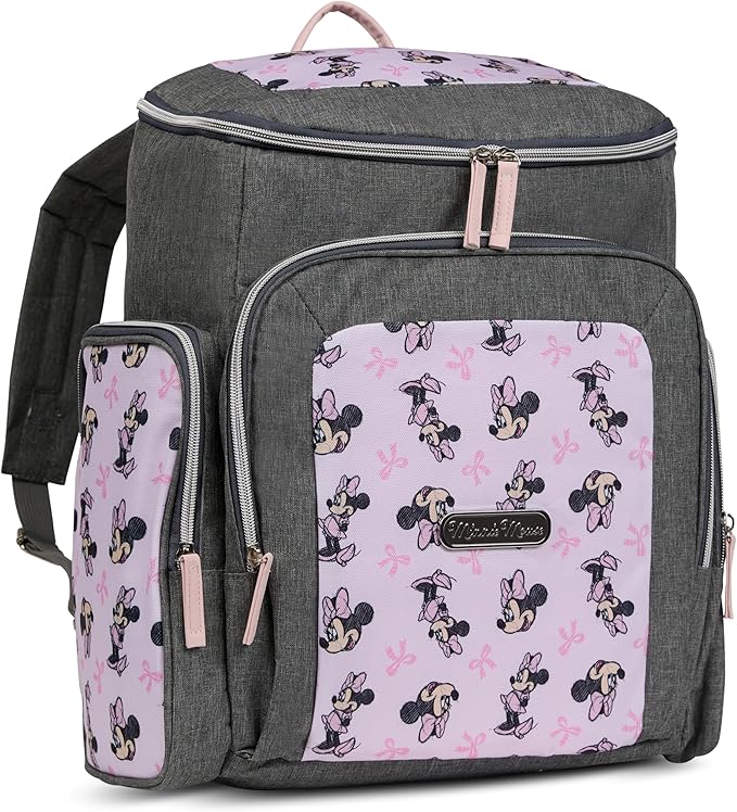 Disney Diaper Bag Backpack with Changing Pad Minnie Mouse – 16” Nylon Baby Bag for Parents, Insulated Bottle Holders, Multiple Storage Pockets