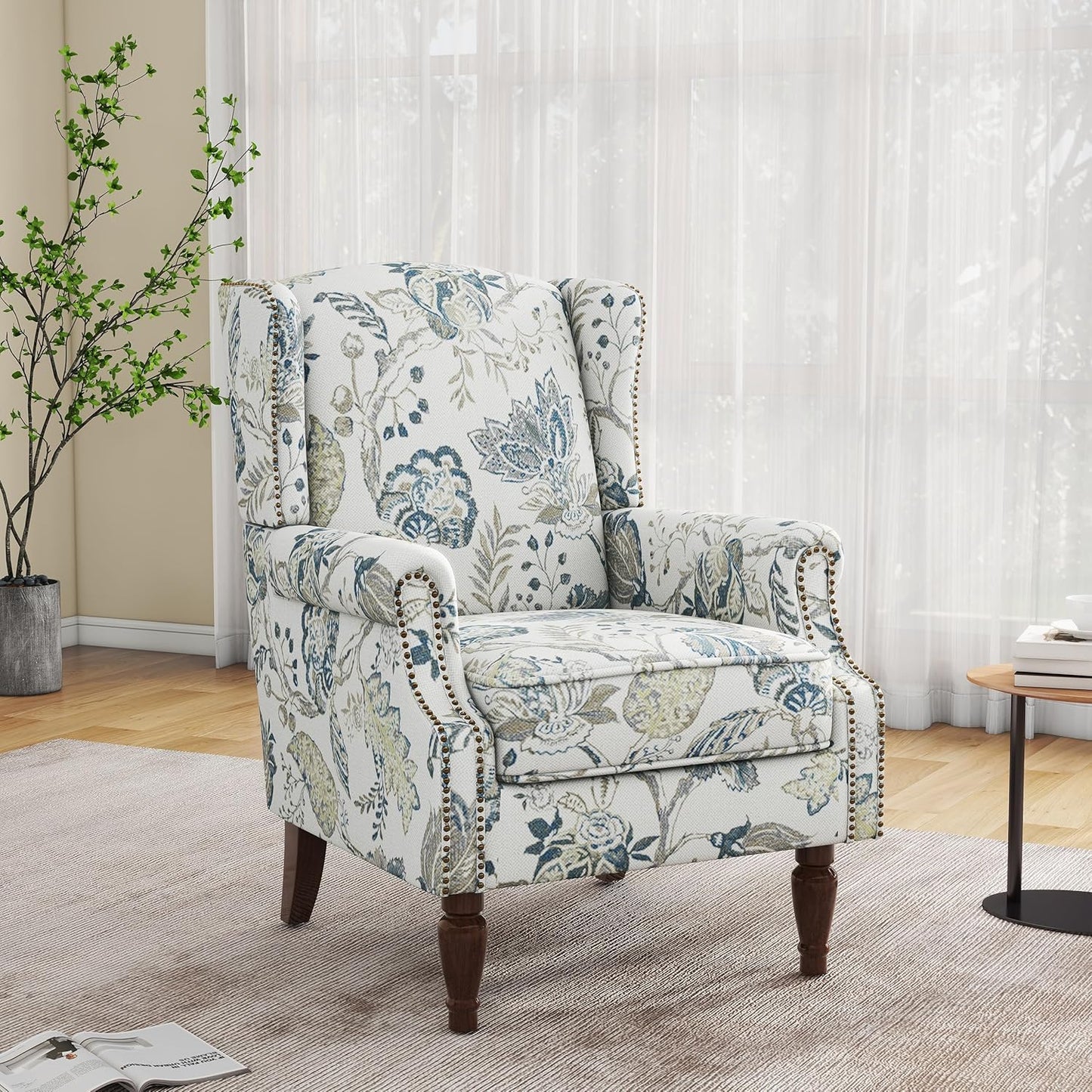 Swivel Rocker Recliner Chair, Manual Nursery Glider Recliner, Floral Fabric Wingback Accent Chair with Adjustable Backrest & Footrest for Small Spaces Living Room Bedroom (Plants Floral, Set of 1)