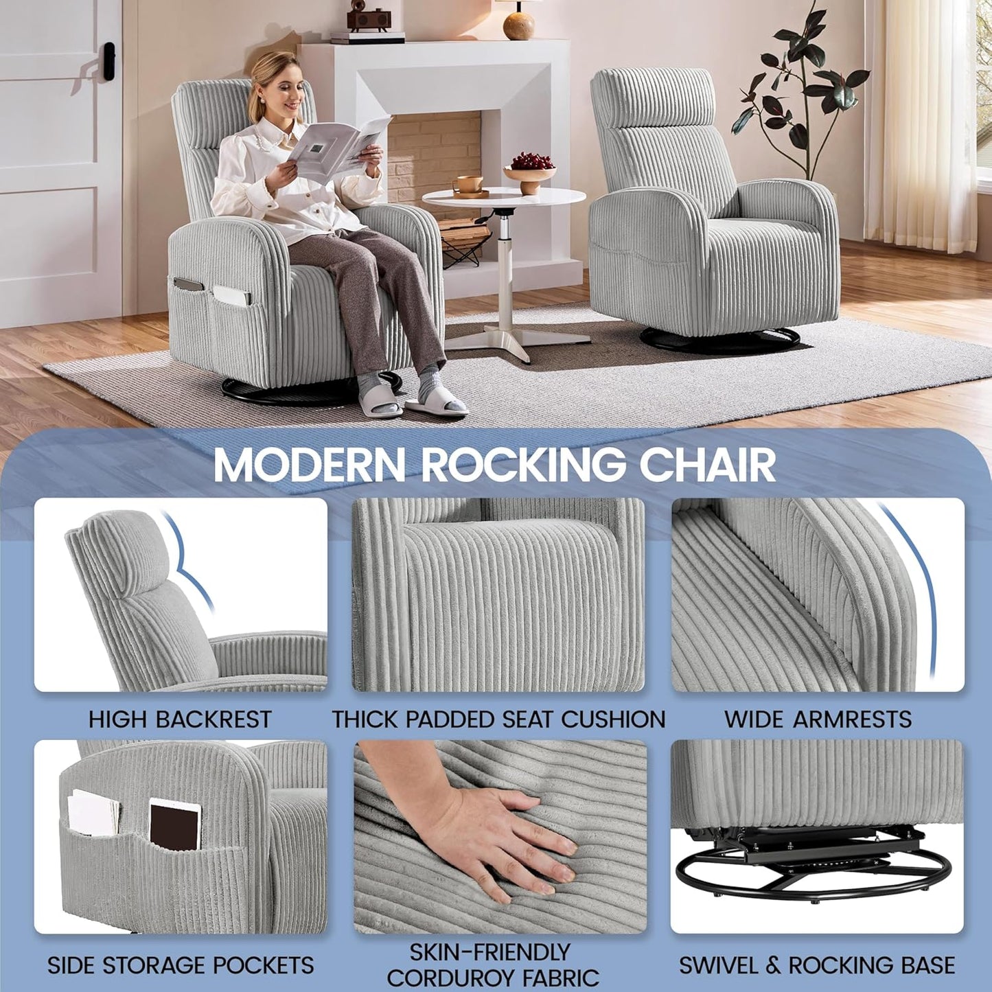 Yaheetech 360° Swivel Glider Chair for Nursery, Rocking Chair Nursing Chair with Side Pockets, Corduroy Glider for Living Room with High Back Beige