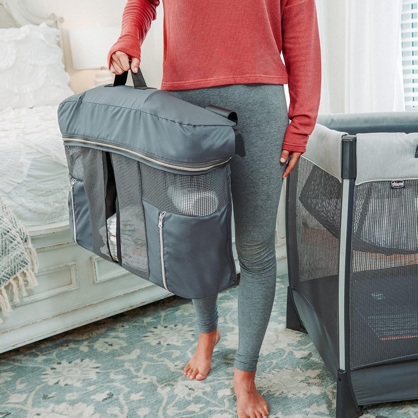 Chicco Lullaby Zip All-in-One Portable Playard, Infant Bassinet and Changer, Electronic Toy Bar, Toddler Playard, Travel Friendly | Driftwood/Grey