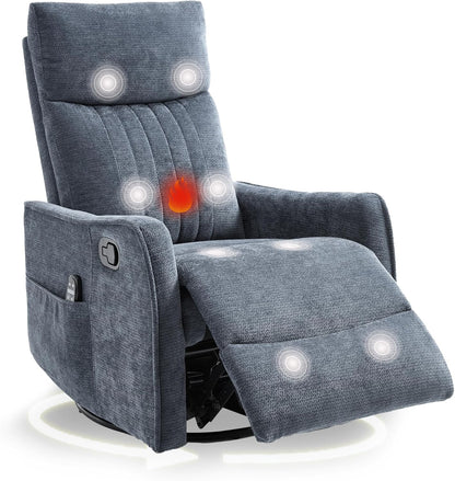 cinkehome Swivel Rocker Recliner, Glider Rocker Recliner Chair for Nursery, Manual Reclining Chair with Heated Massage, Small Spaces, Living Room, Khaki Chenille