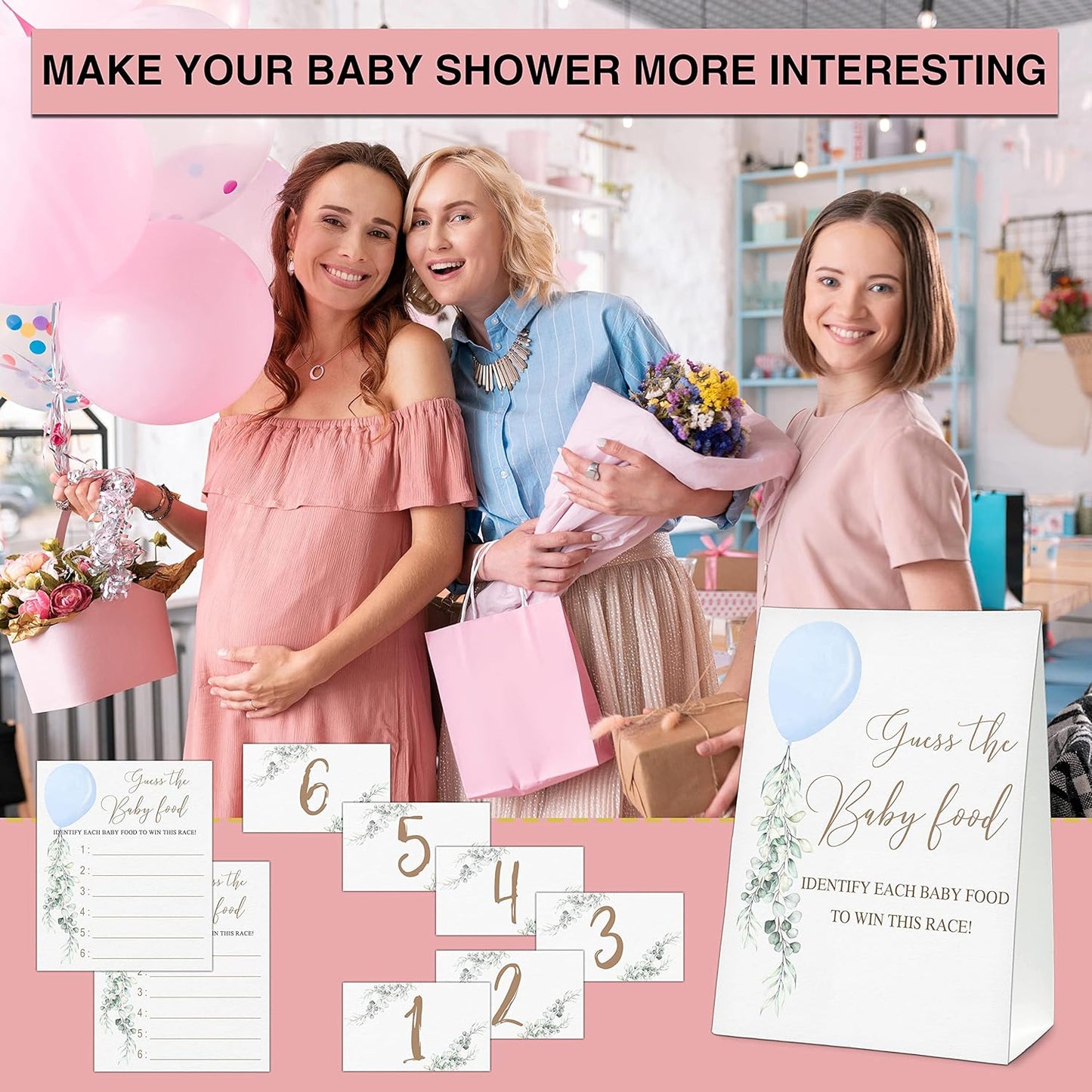 Guess the Baby Food Party Games, Baby Shower Game Set, 1 Standing Sign + 25 Answer Cards + 6 Number Cards, Boho Wild West Gender Reveal Party Decoration Supplies -B05