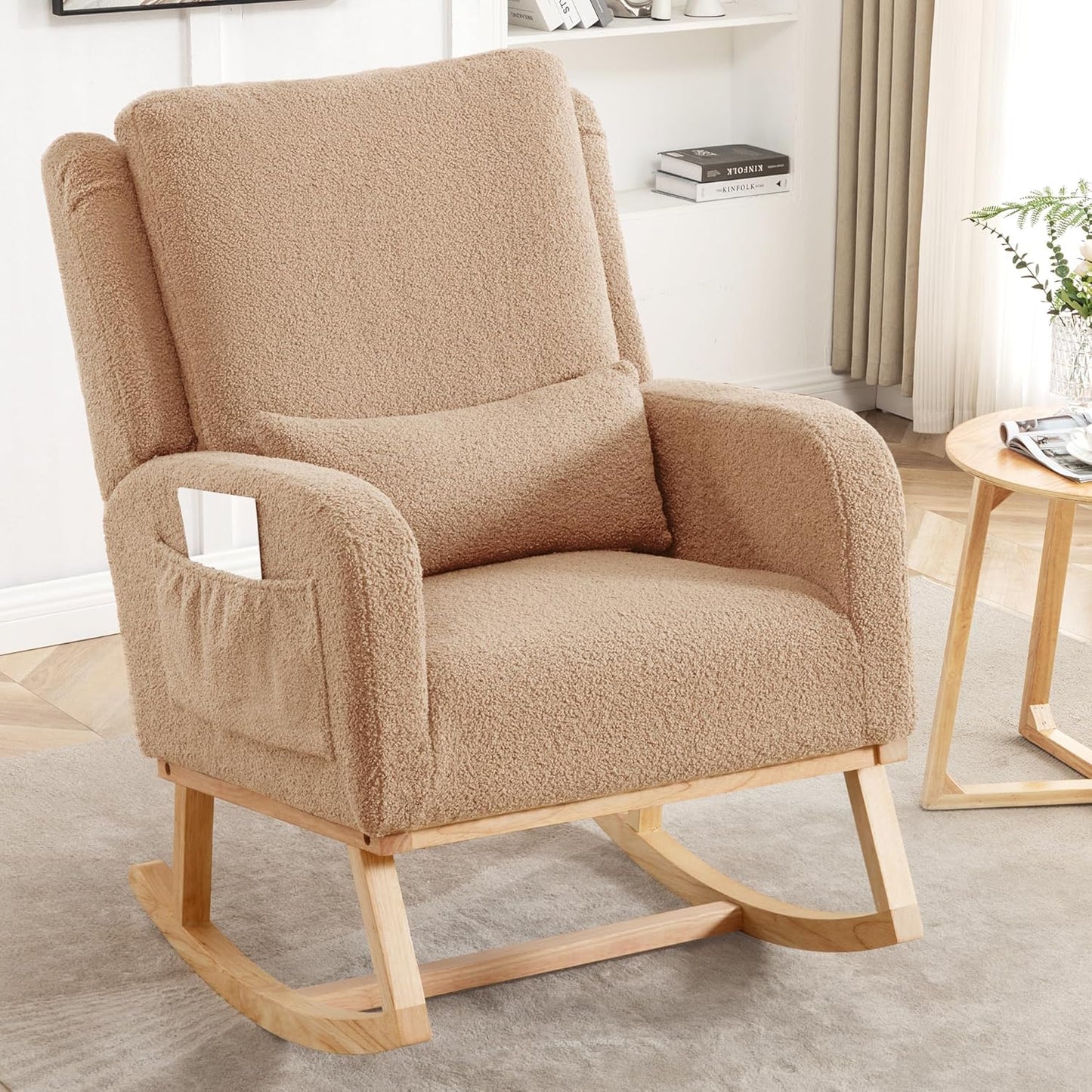 HCHAIRH Rocking Chair Nursery, Sherpa Nursing Rocking Chairs, Upholstered Nursery Glider Rocker for Mom Nursery Morden Accent Rocking Chair Pillow for Living Room,Bedroom,Teddy Light Grey