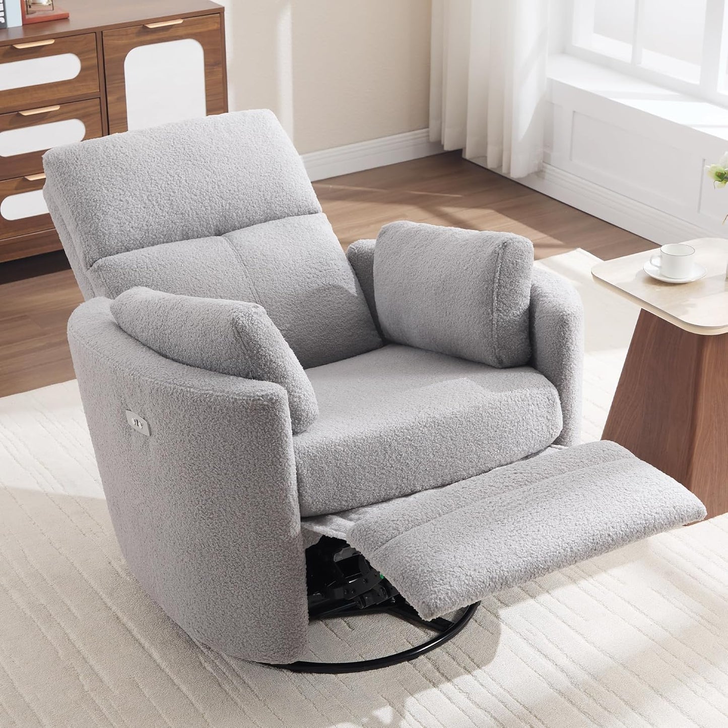 Power Recliner,Nursery Swivel Glider Rocking Chair with USB Port,Upholstered Adult Electric Recliner Rocking Chair with 2 Pillows for Living Room Bedroom (Beige Corduroy, Power-Driven)