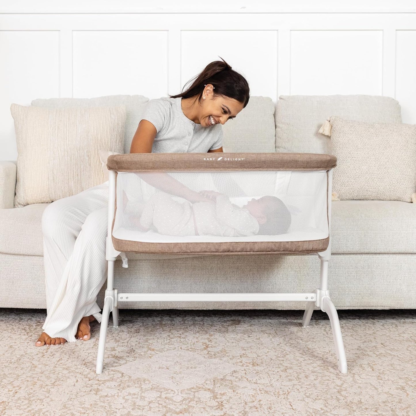 Baby Delight Beside Me Serenity Bassinet | Lightweight Bedside Sleeper & Baby Bassinet | 7-Position Height Adjustment | 100% GOTS Certified Organic Cotton Fabric | Organic Sage