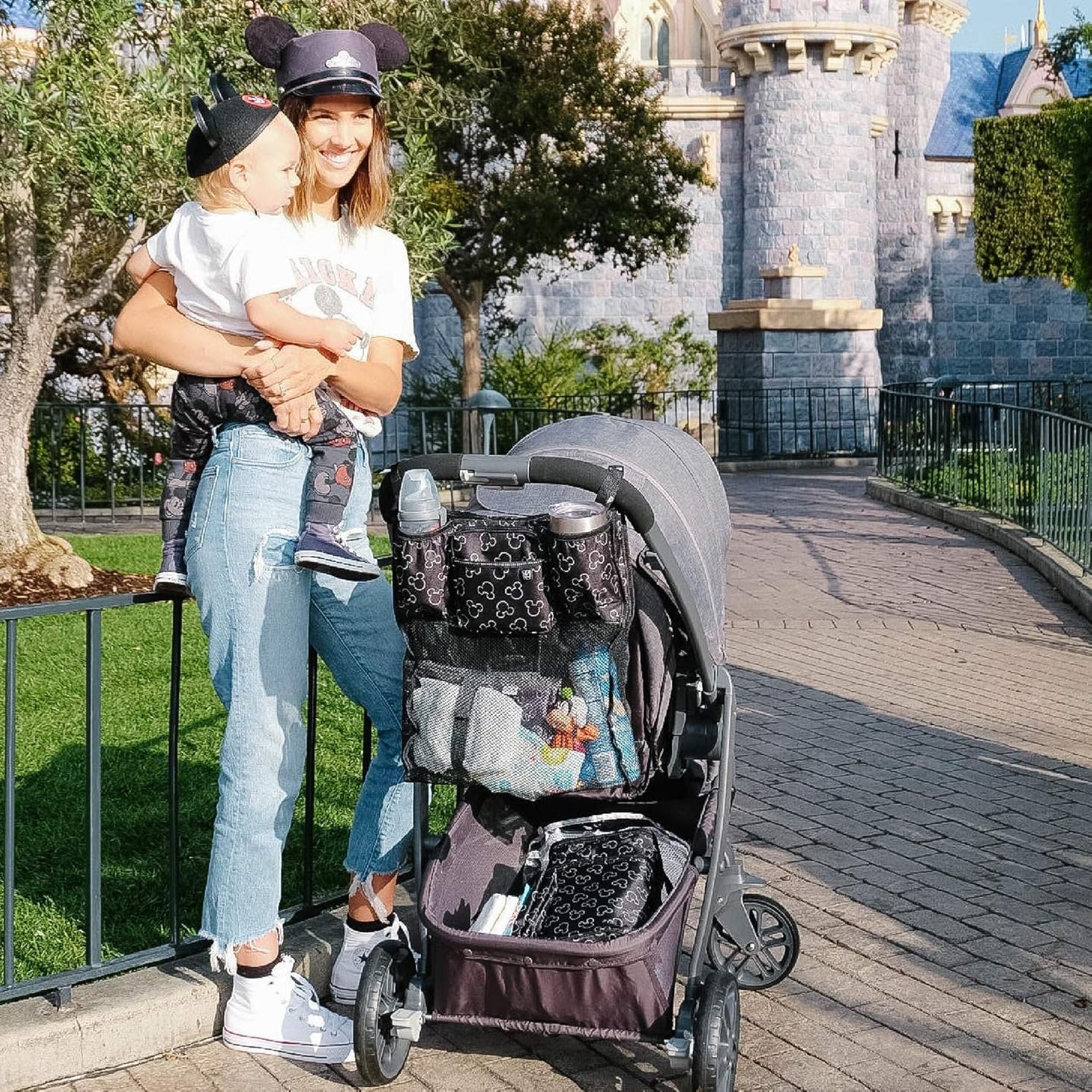 Disney Baby by J.L. Childress Cups 'N Cargo Stroller Caddy Organizer with Cup Holder - Stroller Accessories Bag, Travel Essential, Mesh Storage Attachment, Universal Fit - Mickey Mouse, Black