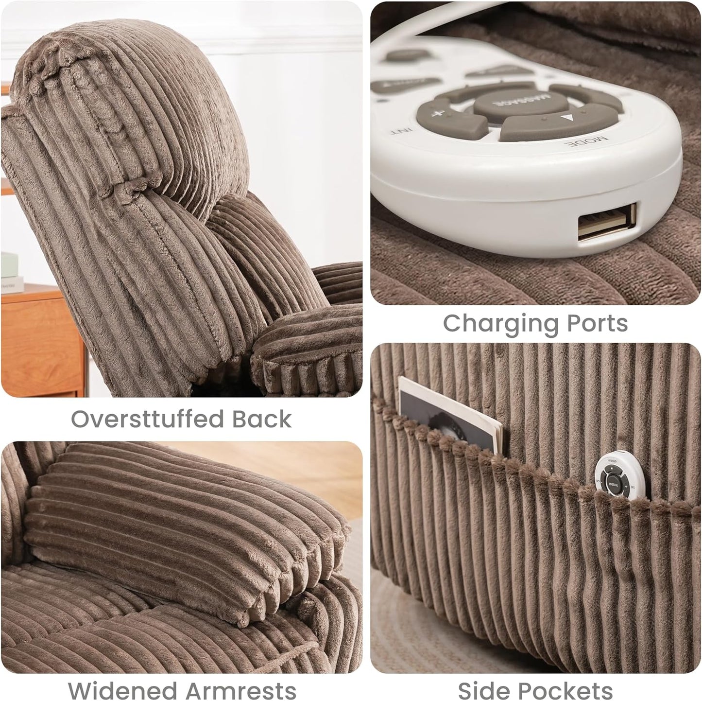 GRAINELL Oversize Power Swivel Recliner, 40in Wide Electric Glider Rocking Chair with Headrest Adjustment, USB Port, 270° Swivel, Rock 30° – for Living Room, Nursery, Black (5" 7' to 6" 1' Height)