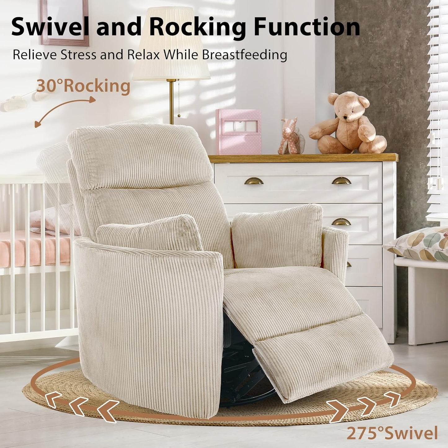 Oversized Swivel Rocking Chair, Manual Large Rocker Recliner Chairs for Adults, Corduroy Nursery Glider Barrel Chair with 2 Pillows, Wide Recliner for Living Room, Bedroom, Nursery, White
