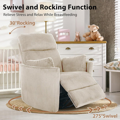Oversized Swivel Rocking Chair, Manual Large Rocker Recliner Chairs for Adults, Corduroy Nursery Glider Barrel Chair with 2 Pillows, Wide Recliner for Living Room, Bedroom, Nursery, White