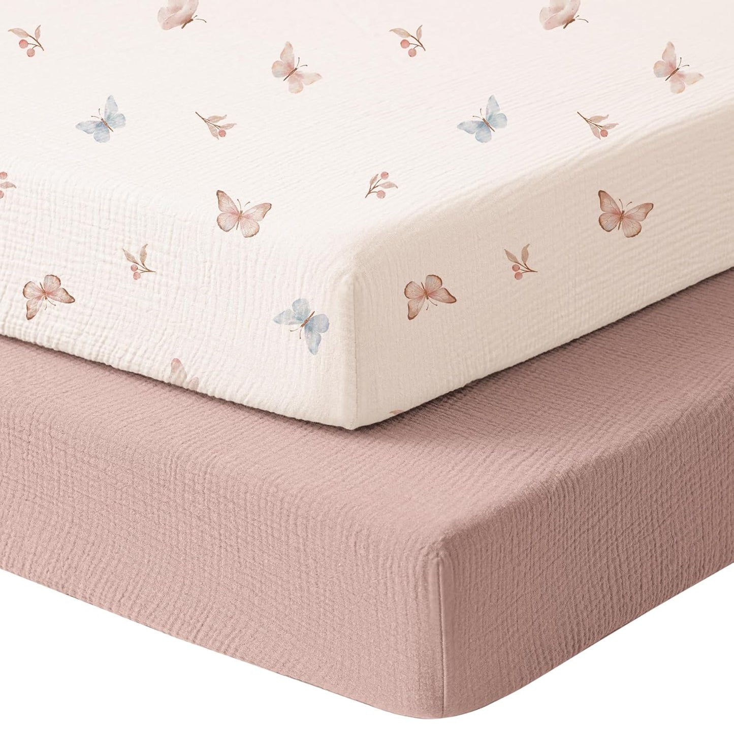 Konssy Muslin Mini Crib Sheets, 100% Soft Cotton Pack and Play Sheets for Pack N Play Mattress, Playard Baby Crib Sheets for Baby Girls (Floral, Pink)