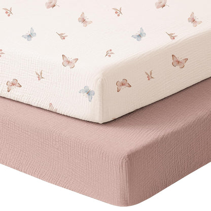 Konssy Muslin Mini Crib Sheets, 100% Soft Cotton Pack and Play Sheets for Pack N Play Mattress, Playard Baby Crib Sheets for Baby Girls (Floral, Pink)