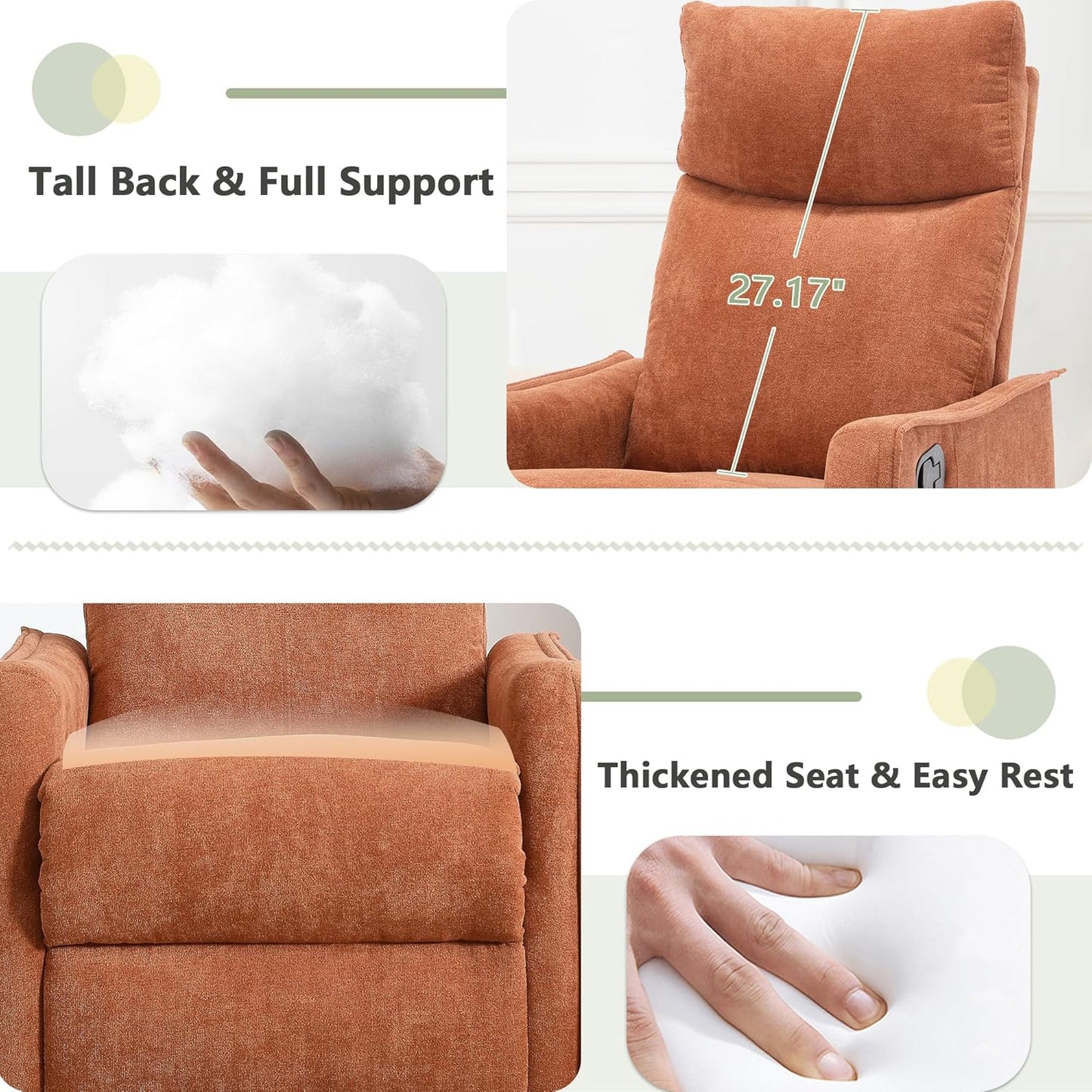 cinkehome Swivel Rocker Recliner, Glider Rocker Recliner Chair for Nursery, Manual Reclining Chair with Heated Massage, Small Spaces, Living Room, Khaki Chenille