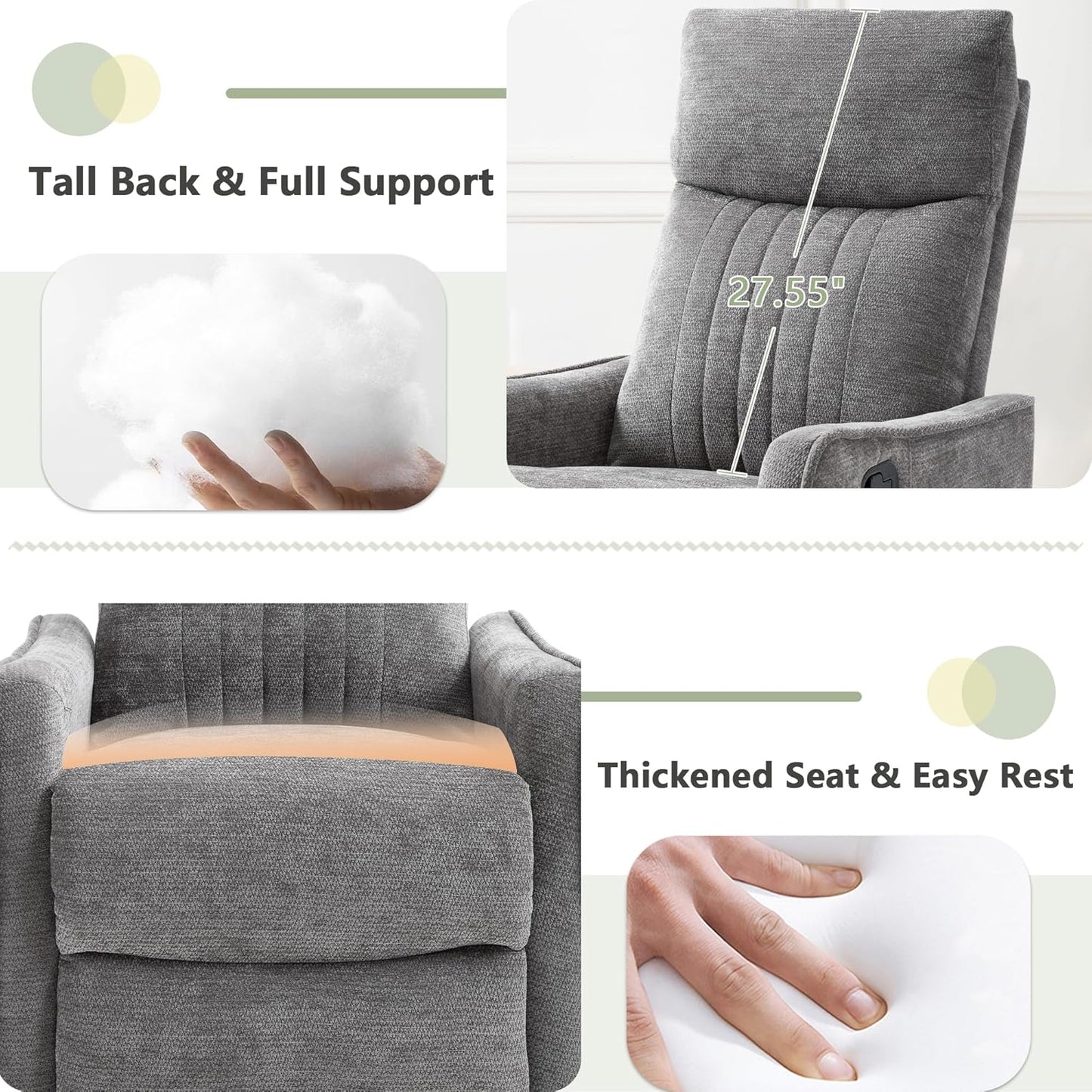 cinkehome Swivel Rocker Recliner, Glider Rocker Recliner Chair for Nursery, Manual Reclining Chair with Heated Massage, Small Spaces, Living Room, Khaki Chenille