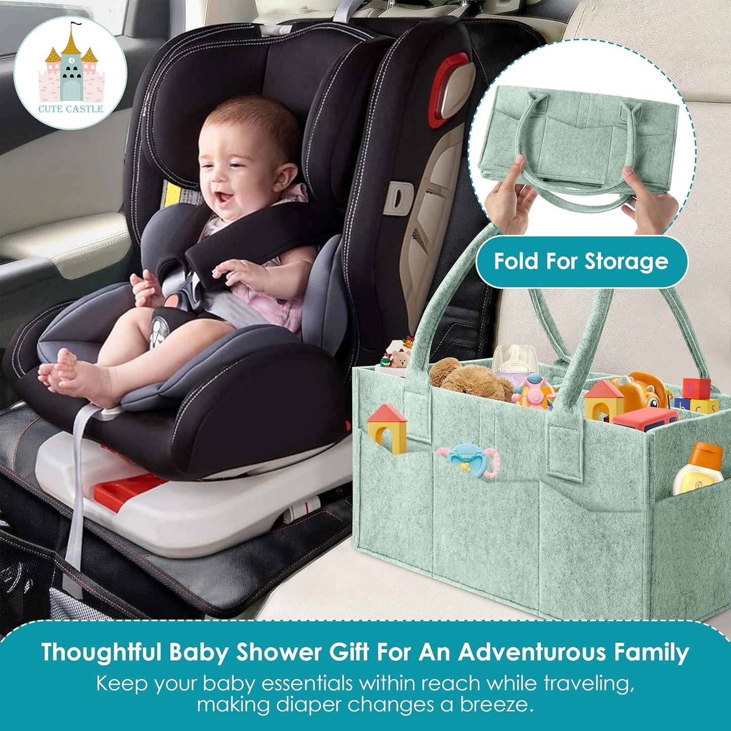 Cute Castle 2 Pack Diaper Caddy Organizer - Portable Baby Caddy Organizer with Handle, Nursery Storage Bin and Car Organizer for Girls, Boys - Baby Gift Basket - Grey