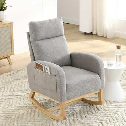 Nursery Rocking Chair with Solid Wood Legs, Glider Chair for Nursery with Two Side Pockets, Rocker Armchair for Living Room Bedroom (Ivory White, Teddy Fabric)