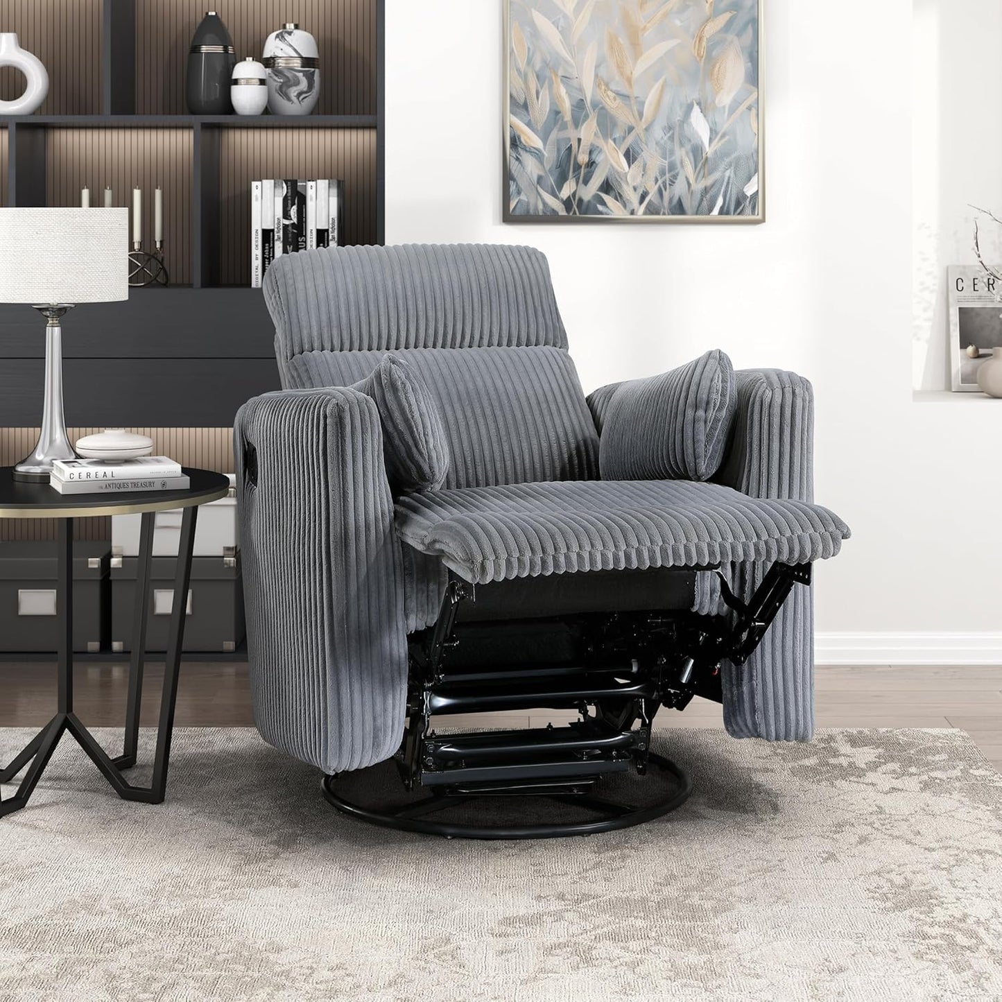 Lexicon Modern Swivel Glider Recliner Chair, Nursery Glider, Corduroy Fabric Upholstery Recliner with 2 Lumbar Pillows, Manual Reclining Sofa Chair for Living Room/Office/Apartment, Beige