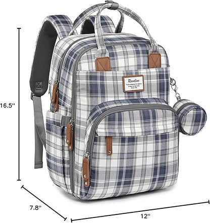 RUVALINO Diaper Bag Backpack, Multifunction Travel Pack Maternity Baby Changing Bags, Large Capacity, Waterproof, Blue Plaid
