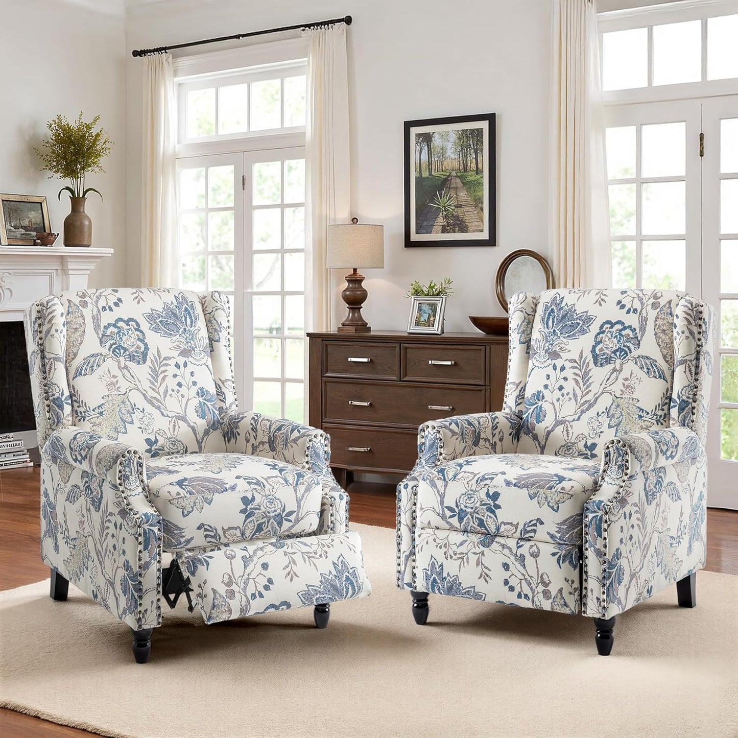 Swivel Rocker Recliner Chair, Manual Nursery Glider Recliner, Floral Fabric Wingback Accent Chair with Adjustable Backrest & Footrest for Small Spaces Living Room Bedroom (Plants Floral, Set of 1)