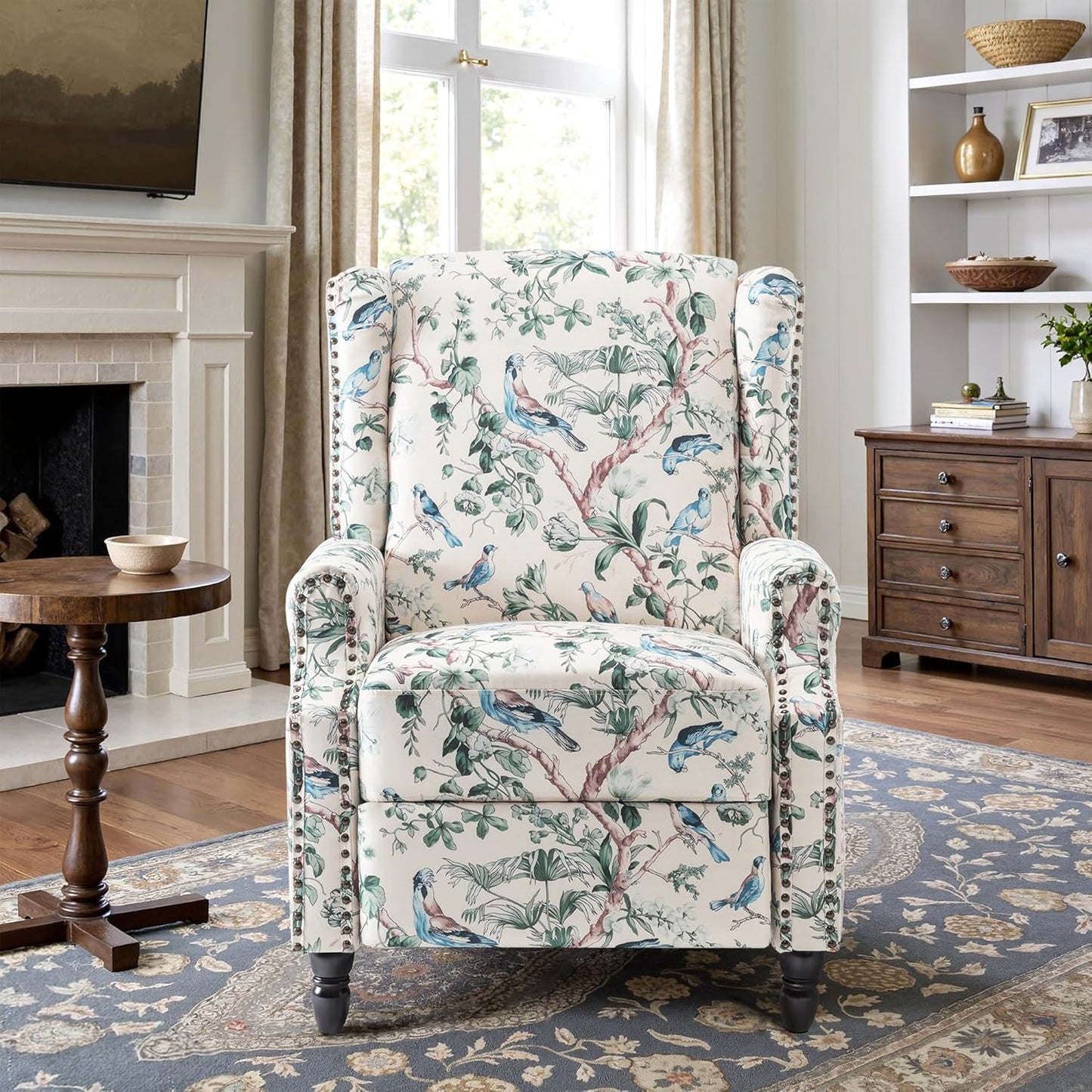 Swivel Rocker Recliner Chair, Manual Nursery Glider Recliner, Floral Fabric Wingback Accent Chair with Adjustable Backrest & Footrest for Small Spaces Living Room Bedroom (Plants Floral, Set of 1)