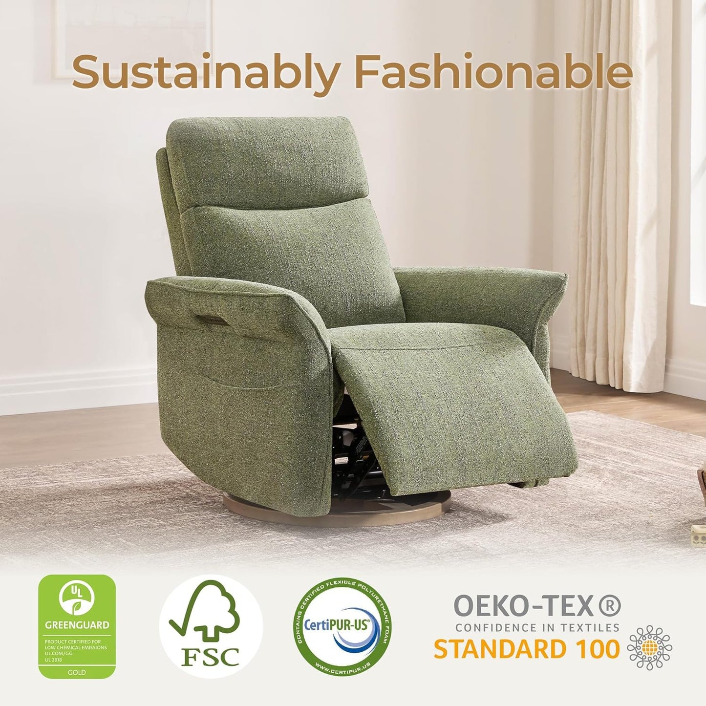 CHITA Power Recliner Chair, Electric Triple-Motor Swivel Glider Nursery Rocking Chair with Adjustable Power Headrest and Lumbar Support, GREENGARD Gold Certified, Solid Wood Base, Khaki Grey