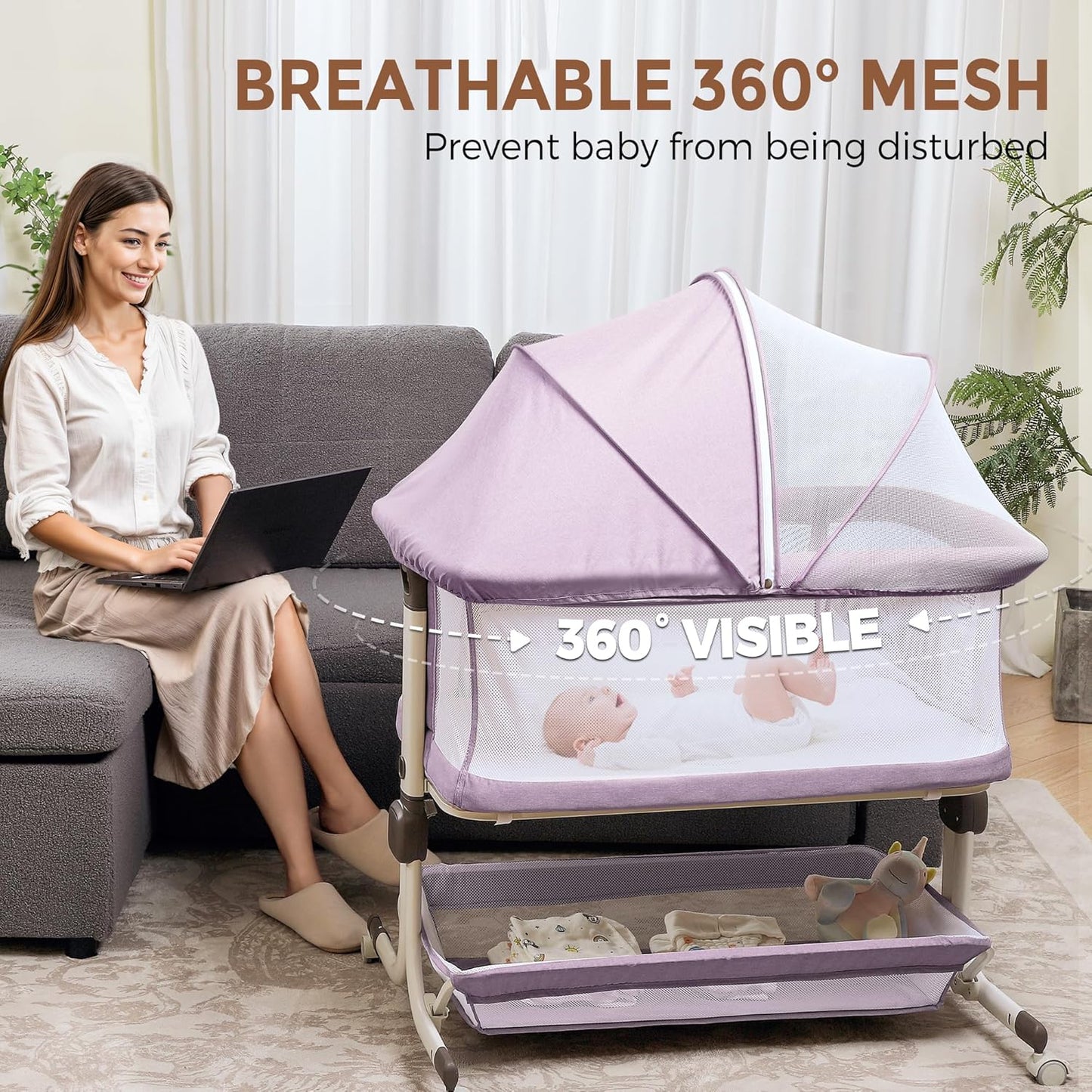 Baby Bassinet, Bedside Sleeper for Newborns Convertible Co-Sleeper Crib with Breathable Mesh, 6-Level Height Adjustment, Built-In Storage, Foldable Portable Bassinet for Home or Travel, Pink & Purple