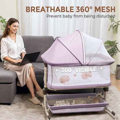 Baby Bassinet, Bedside Sleeper for Newborns Convertible Co-Sleeper Crib with Breathable Mesh, 6-Level Height Adjustment, Built-In Storage, Foldable Portable Bassinet for Home or Travel, Pink & Purple