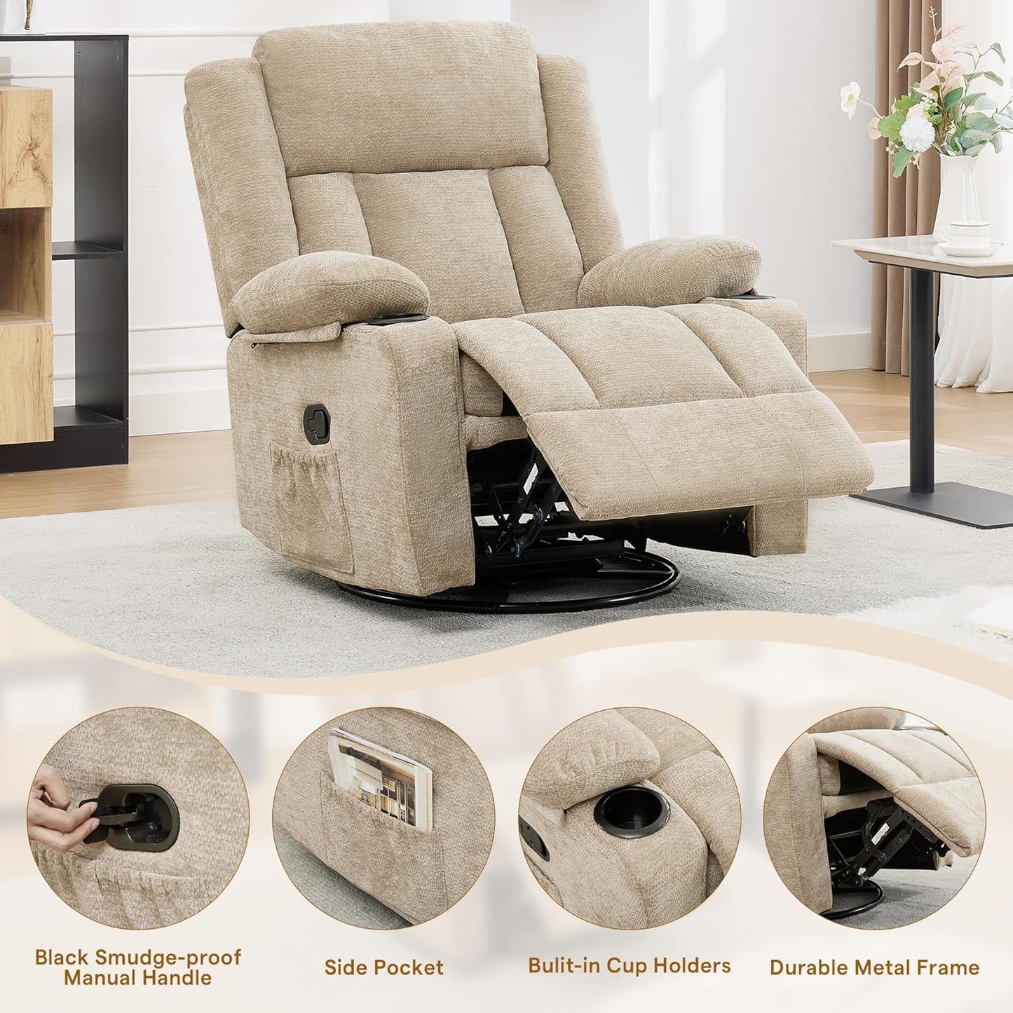 Swivel Rocker Recliner Chair, Lazy Boy Recliner with Cup Holders, 360 Degree Rotating Nursery Rocking Chair, Manual Glider Recliner for Living Room (1, Yellow)