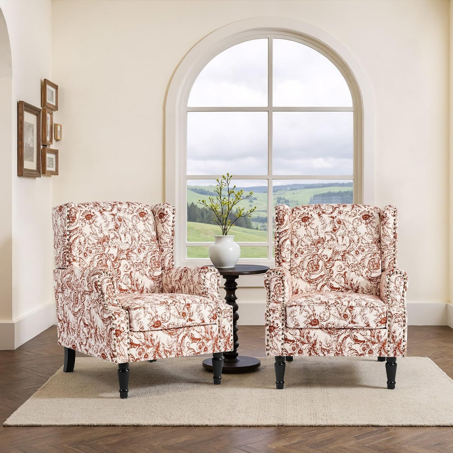 Swivel Rocker Recliner Chair, Manual Nursery Glider Recliner, Floral Fabric Wingback Accent Chair with Adjustable Backrest & Footrest for Small Spaces Living Room Bedroom (Plants Floral, Set of 1)