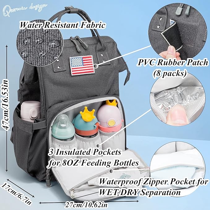 Diaper Bag Backpack for Dad and Mom with USB Charging Port Stroller Straps and Insulated Pocket,army military Travel Nappy Backpack (Dark Grey)