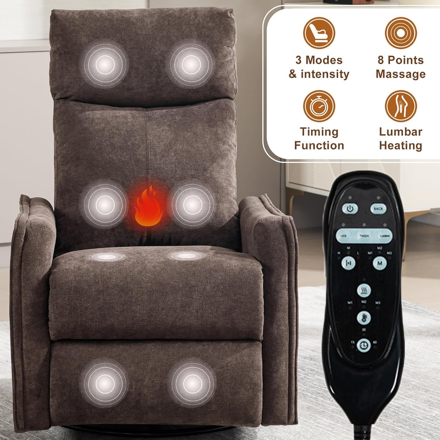cinkehome Swivel Rocker Recliner, Glider Rocker Recliner Chair for Nursery, Manual Reclining Chair with Heated Massage, Small Spaces, Living Room, Khaki Chenille