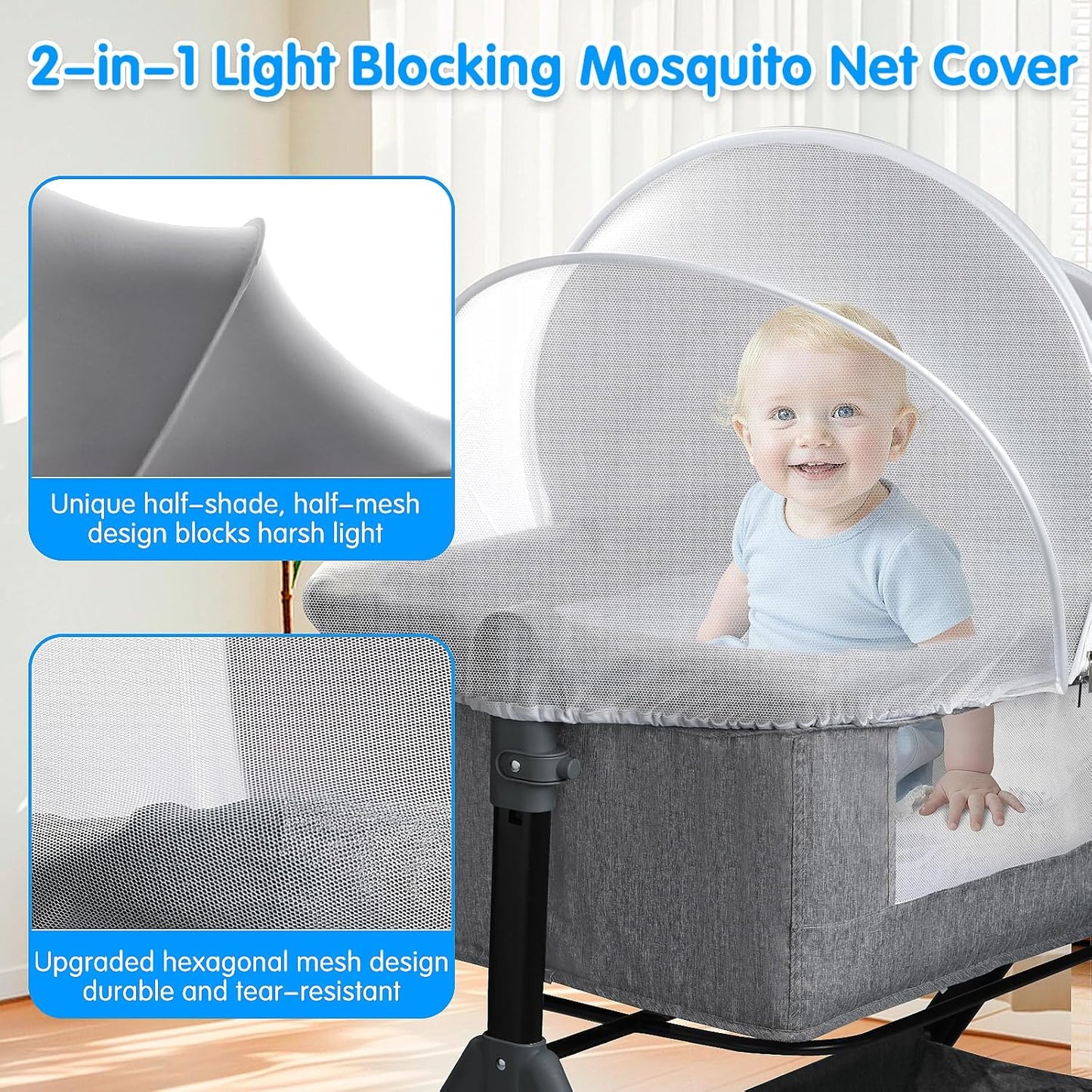 Bassinet Mosquito Net Cover - Half-Blackout Mosquito Net for Baby Crib & Bedside Sleeper, Breathable Crib net with 2-Way Zipper, Sun-Blocking Baby Mosquito Net Cover (Gray-Small)