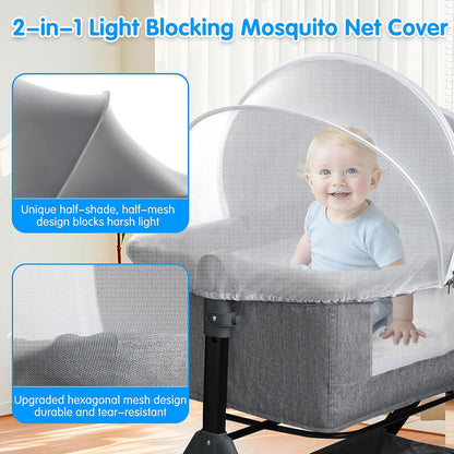 Bassinet Mosquito Net Cover - Half-Blackout Mosquito Net for Baby Crib & Bedside Sleeper, Breathable Crib net with 2-Way Zipper, Sun-Blocking Baby Mosquito Net Cover (Gray-Small)