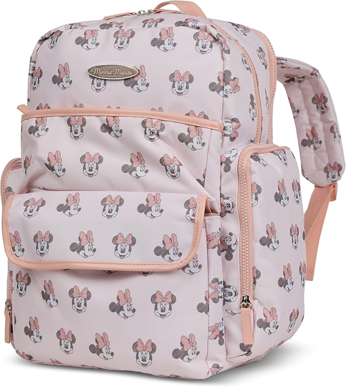 Disney Diaper Bag Backpack with Changing Pad Minnie Mouse – 16” Nylon Baby Bag for Parents, Insulated Bottle Holders, Multiple Storage Pockets