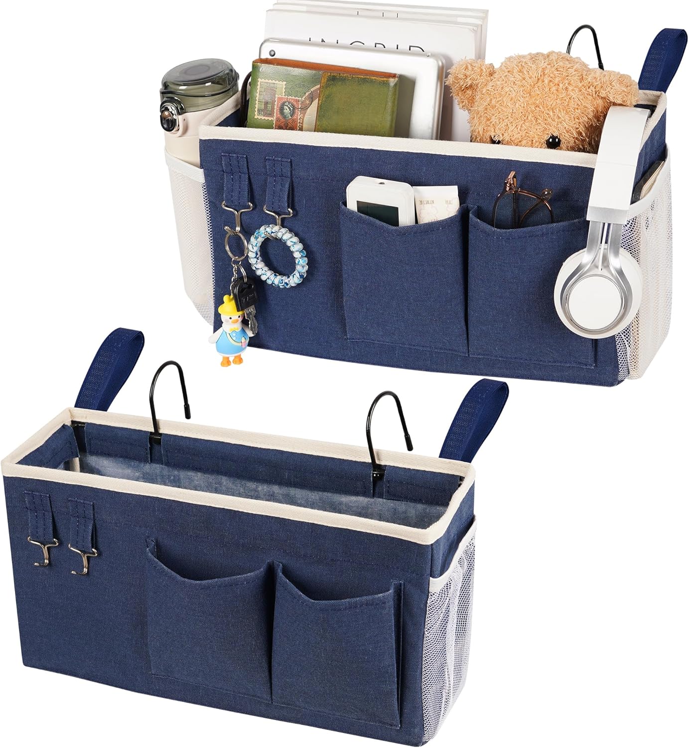 Loghot Bedside Caddy/Bedside Storage Bag Hanging Organizer for Bunk and Hospital Beds,Dorm Rooms Bed Rails,Can be Placed Glasses,Books,Mobile Phones,Keys (White)