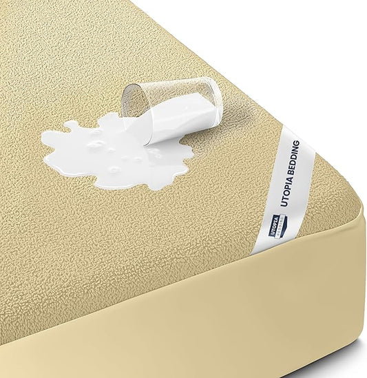 Queen Size Mattress Protector Waterproof, Premium 200 GSM Terry Mattress Cover, Soft & Breathable Bed Cover, Fitted Sheet Style Stretchable Deep Pockets 17" by Utopia Bedding (Beige)