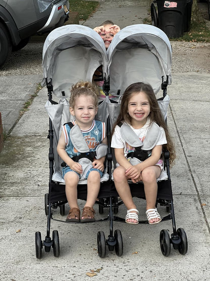 Dream On Me Twin Venture Umbrella Stroller in Pink, Multi Backrest Positions, Adjustable & Removable Canopy Double Stroller, 360°Swivel Wheels with Locks