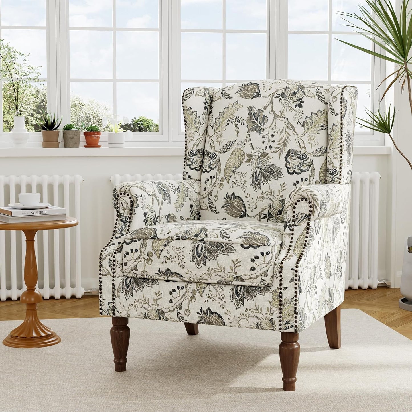 Swivel Rocker Recliner Chair, Manual Nursery Glider Recliner, Floral Fabric Wingback Accent Chair with Adjustable Backrest & Footrest for Small Spaces Living Room Bedroom (Plants Floral, Set of 1)