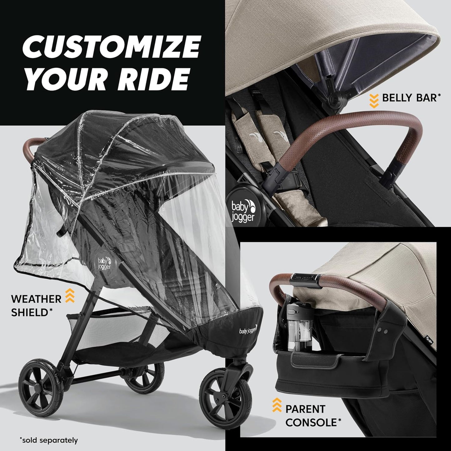 Baby Jogger City Mini GT3 All Terrain Baby Stroller with Forever Air Rubber Tires, All Wheel Suspension, Lightweight Stroller with Magnetic Buckle, No-Rethread Harness, and Foot Brake, Frosted Ivory