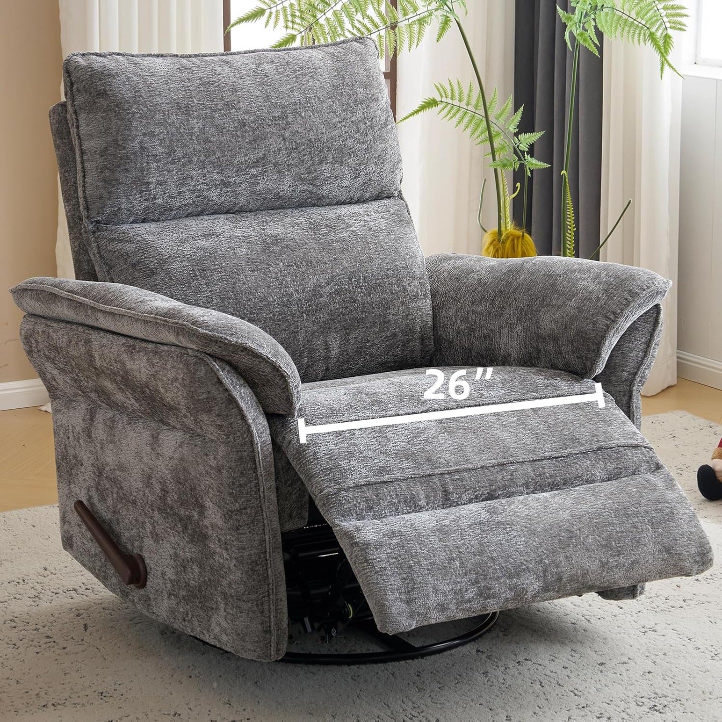 Oversized Glider Rocker Recliner, 26" Extra Wide 360° Swivel Nursery Recliner with Adjustable Headrest, Chenille Rocking Nursery Chair with Overstuffed Armrest, Lumbar Support, Light Grey
