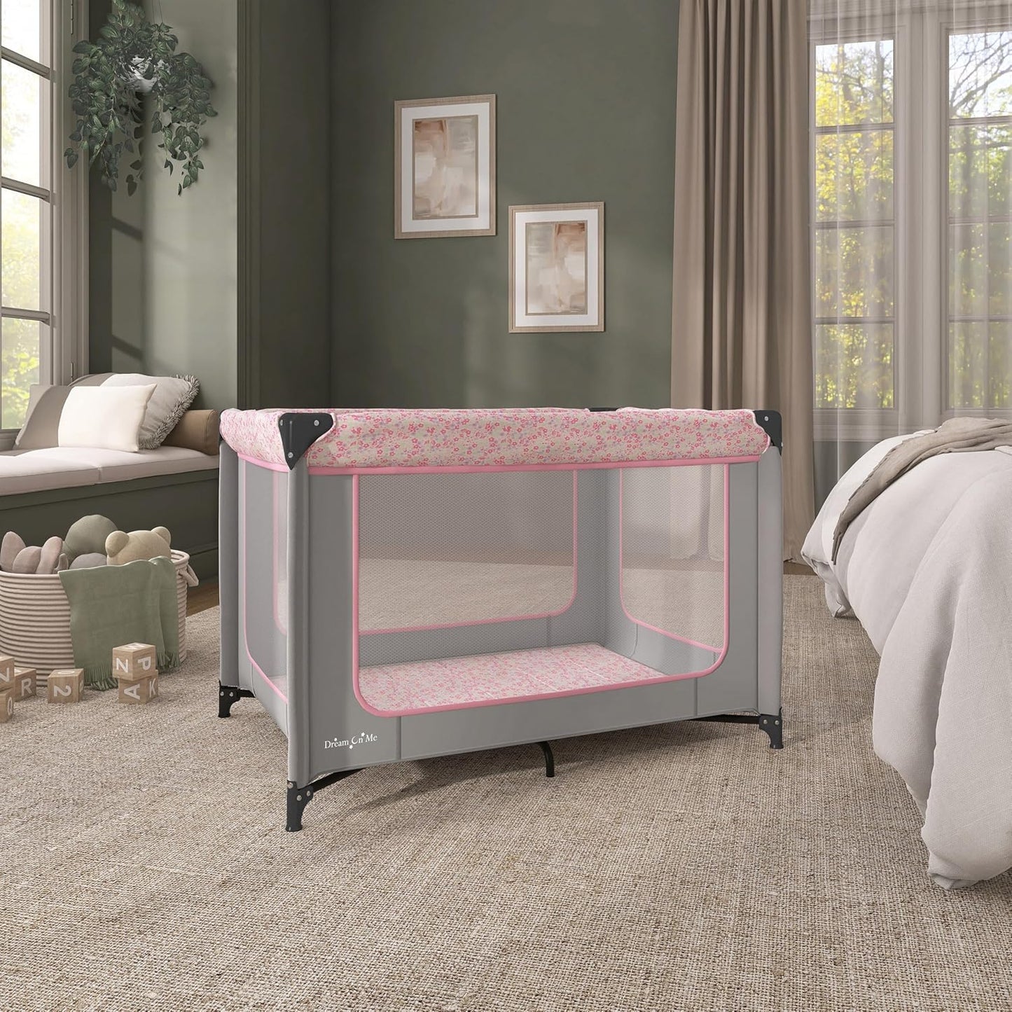 Dream On Me Zodiak Baby Playard, Breathable Mesh Sides, Soft Comfortable Mattress, Quick & Easy to Fold with Travel Carry Bag, Compact Space Saving Design - Grey/Green