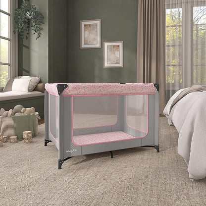 Dream On Me Zodiak Baby Playard, Breathable Mesh Sides, Soft Comfortable Mattress, Quick & Easy to Fold with Travel Carry Bag, Compact Space Saving Design - Grey & Pink