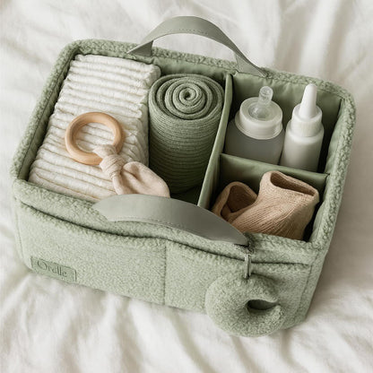 Orelle Bouclé Diaper Caddy Organizer with Matching Pouch & Moon Pendant | Teddy Portable Changing Table Organizer | Must-Have Baby Shower Gifts | Cream