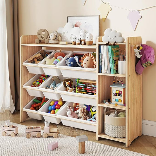 GITAWUSA Kids Toy Storage Organizer, Wooden Shelf with 3 Tiers and 9 Storage Bins, Nursery Room Organizer for Books and Toys, White and Natural Wood