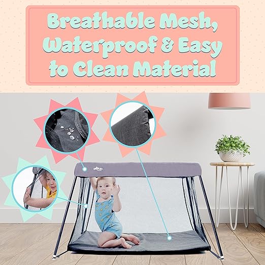 UNiPLAY Foldable Travel Crib, Lightweight Portable Playpen, Easy to Pack Playard with Comfortable Mattress and Breathable Mesh Liner for Infants and Toddlers