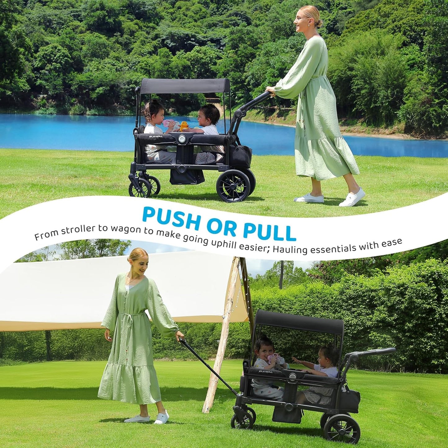 ELEMARA Stroller Wagon, 2 Seat Stroller for 2 Kids, Premium All Terrain Stroller for Kids w/Removable Canopy, Adjustable Push/Pull Handle, Large Storage Bag, Black
